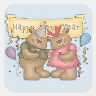 Happy New Year, Cute Bears Square Sticker