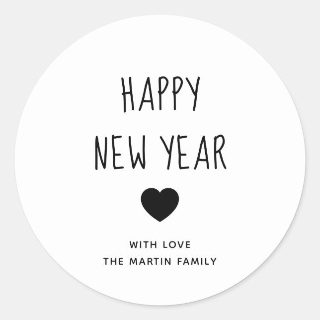 Happy New Year | Cute Black and White Heart Classic Round Sticker (Front)