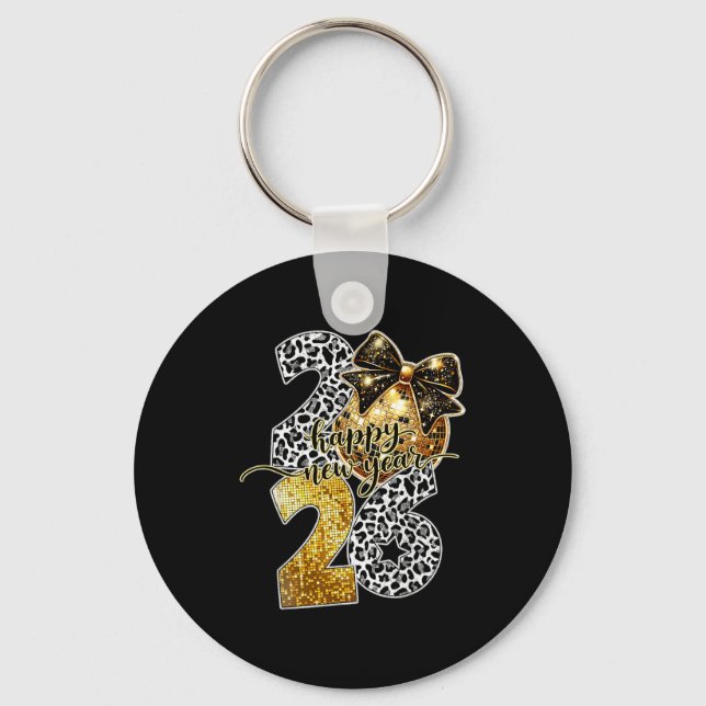 Happy New Year Cute Gold Disco Ball Bow New Year's Key Ring (Front)