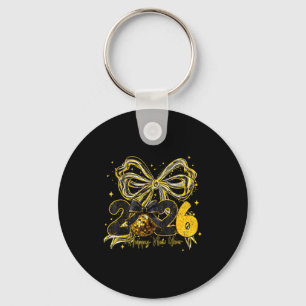 Happy New Year Cute Gold Disco Ball Bow New Year's Key Ring