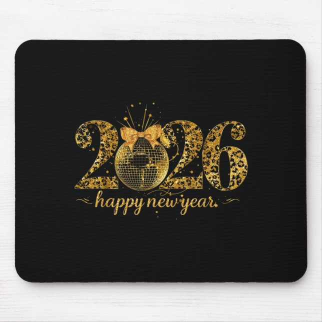 Happy New Year Cute Gold Disco Ball Bow New Year's Mouse Pad (Front)