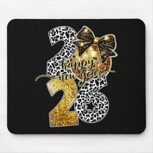 Happy New Year Cute Gold Disco Ball Bow New Year's Mouse Pad (Front)