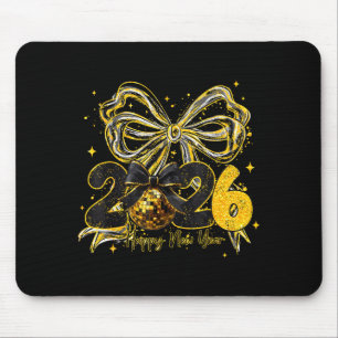 Happy New Year Cute Gold Disco Ball Bow New Year's Mouse Pad
