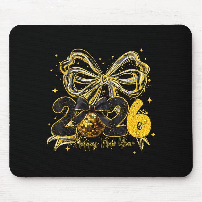 Happy New Year Cute Gold Disco Ball Bow New Year's Mouse Pad (Front)