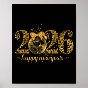 Happy New Year Cute Gold Disco Ball Bow New Year's Poster