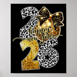 Happy New Year Cute Gold Disco Ball Bow New Year's Poster
