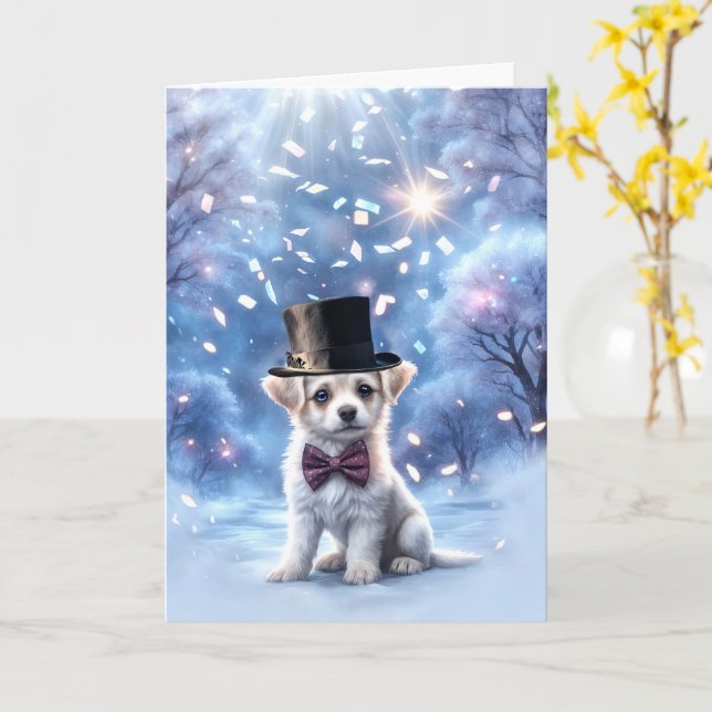 Happy New Year Cute Puppy Dog with Confetti Hat Card (Yellow Flower)