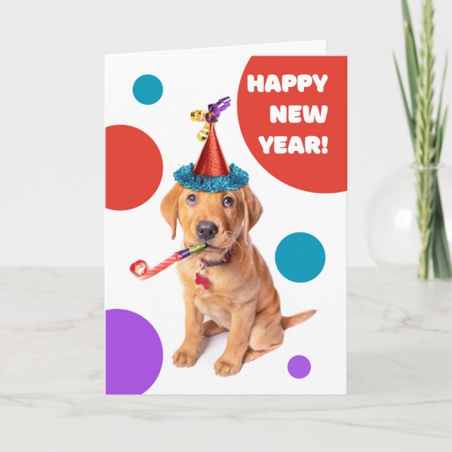 Happy New Year Cute Red Fox Labrador Puppy Holiday Card (Front)