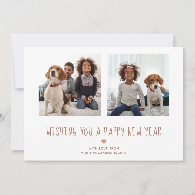 Happy New Year | Cute Rose Gold Two Photo Holiday Card (Front)