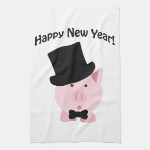 Happy New Year! Dapper Pig Tea Towel