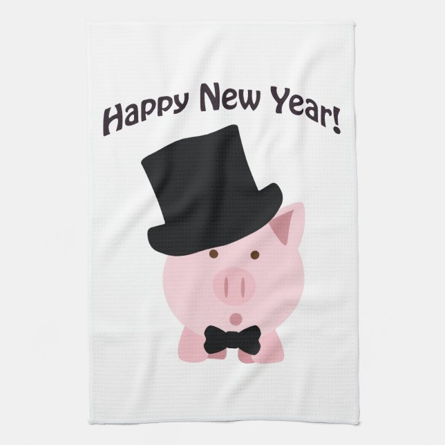 Happy New Year! Dapper Pig Tea Towel (Vertical)