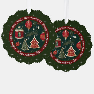 Happy New Year: Dark Red Forest Green Personalised Tree Decoration Card