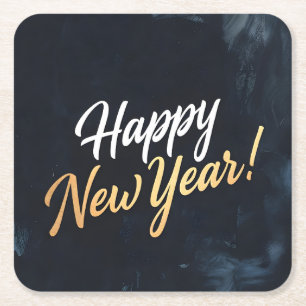 Happy New Year Deep Blue Strokes Square Paper Coaster