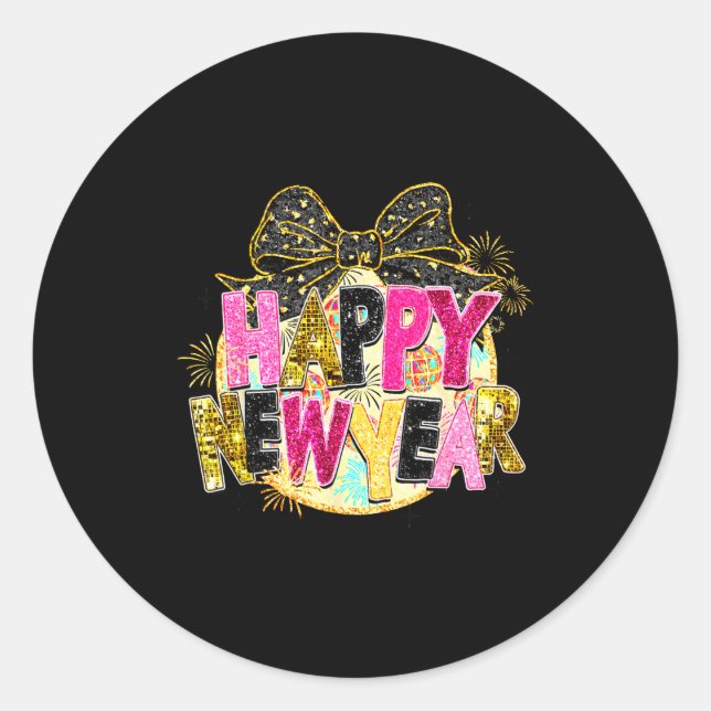 Happy New Year Disco Ball Coquette Bow New Years E Classic Round Sticker (Front)