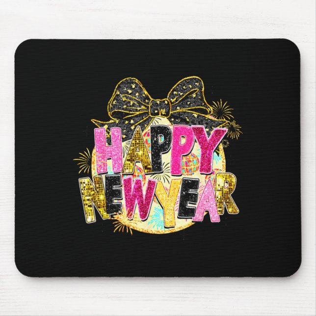 Happy New Year Disco Ball Coquette Bow New Years E Mouse Pad (Front)