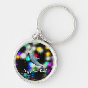 Happy New Year Dolphin and Fireworks Key Ring