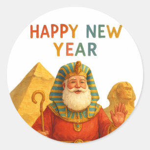 Happy New Year Egyptian Santa Pharaoh Funny art  Classic Round Sticker