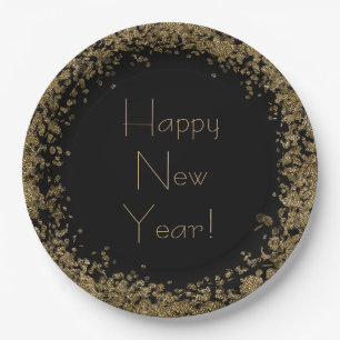 Happy New Year Elegant Black and Gold Glitter  Paper Plate