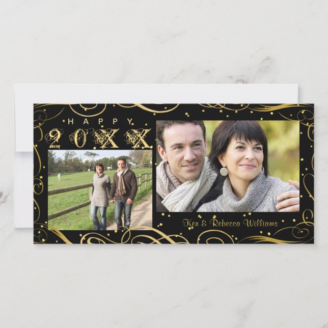 Happy New Year, Elegant Black and Gold Scroll Holiday Card (Front)