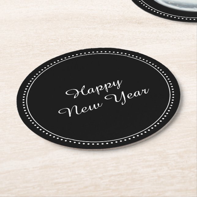 Happy New Year Elegant Black and White Milgrain Round Paper Coaster (Angled)