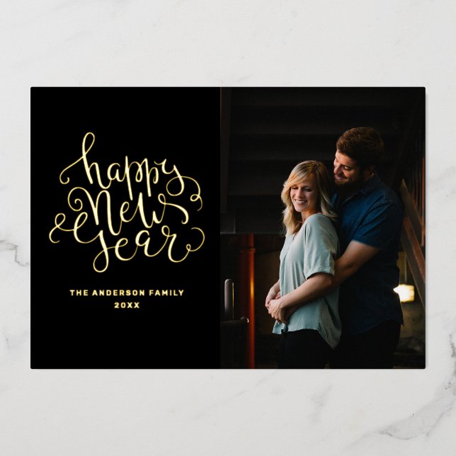 Happy New Year. Elegant black gold script photo  (Front)