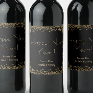 Happy New Year elegant gold and black glitter Wine Label