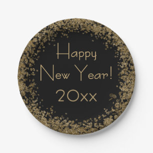 Happy New Year Elegant Gold and Black Paper Plate