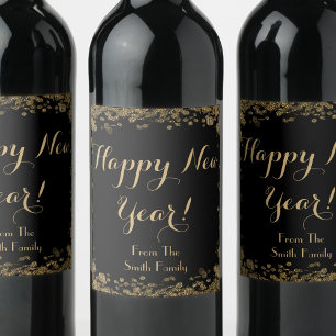 Happy New Year Elegant Gold and Black Wine Label