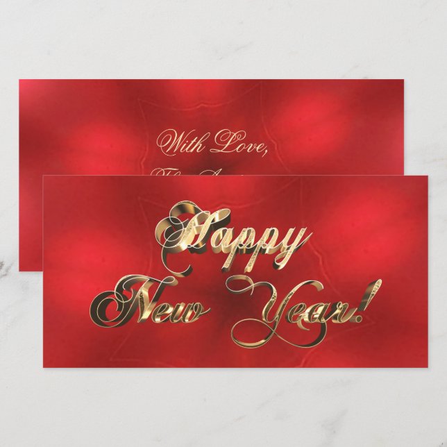 Happy New Year Elegant Red and Gold Script Card (Front/Back)