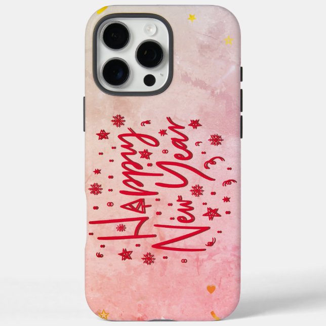 Happy New Year Elegant Red Script&Soft Pastel Star Case-Mate iPhone Case (Back)