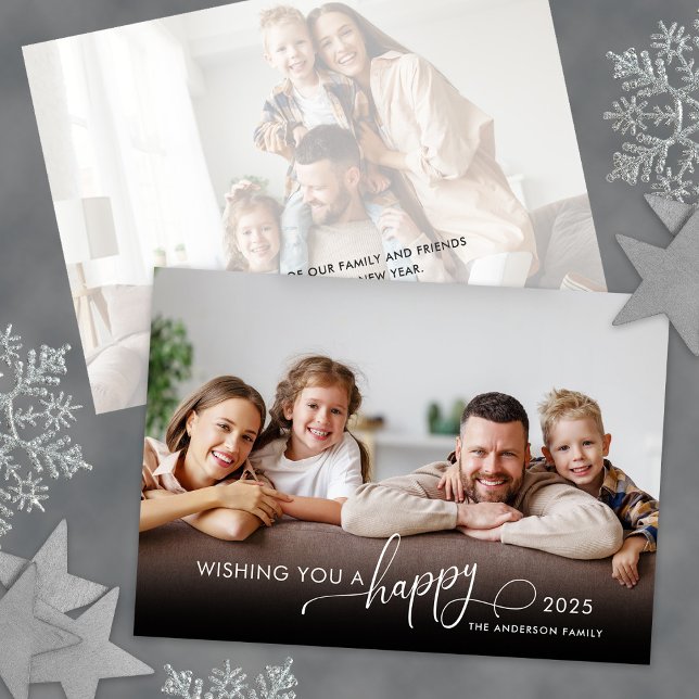 Happy New Year Elegant Script 2 Photo Holiday Card (Creator Uploaded)