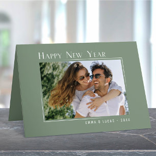 Happy New Year Elegant Simple Sage Green Photo Holiday Card
