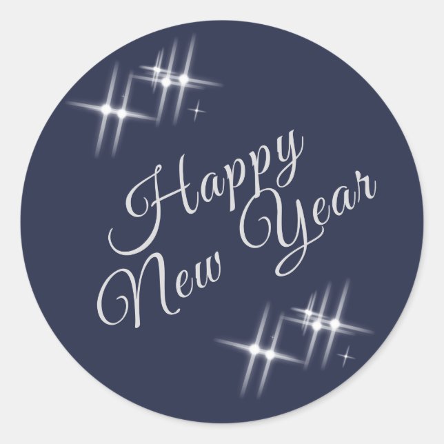 Happy New Year Elegant Sparkles Navy Blue Classic Round Sticker (Front)