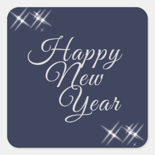 Happy New Year Elegant Sparkles Navy Blue Square Sticker
