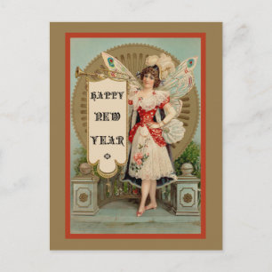 Happy New Year Fairy With Trumpet and Banner Holiday Postcard
