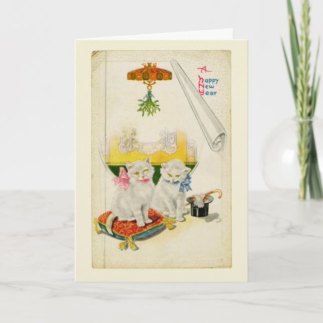 Happy New Year Fancy White Cat Vintage Card (Front)