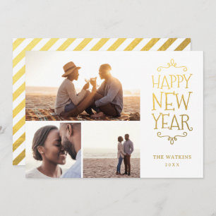 Happy New Year Faux Foil 3 Photo Collage Holiday Card