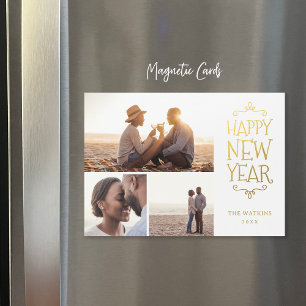 Happy New Year Faux Foil 3 Photo Magnetic Card