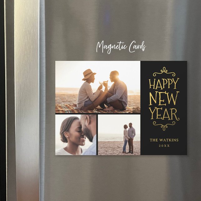 Happy New Year Faux Foil 3 Photo Magnetic Card (Creator Uploaded)