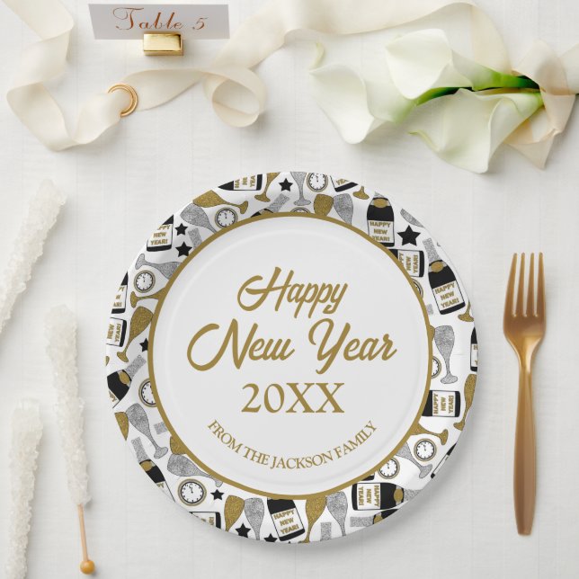 Happy New Year Faux Glitter Personalised Paper Plate (Wedding)