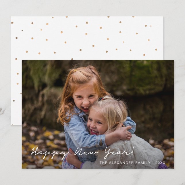 Happy New Year Faux Gold Dots Add Photo and Name Holiday Card (Front/Back)