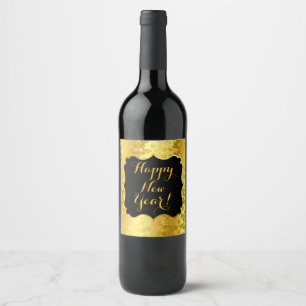 Happy New Year! Faux Gold Foil on Black Wine Label