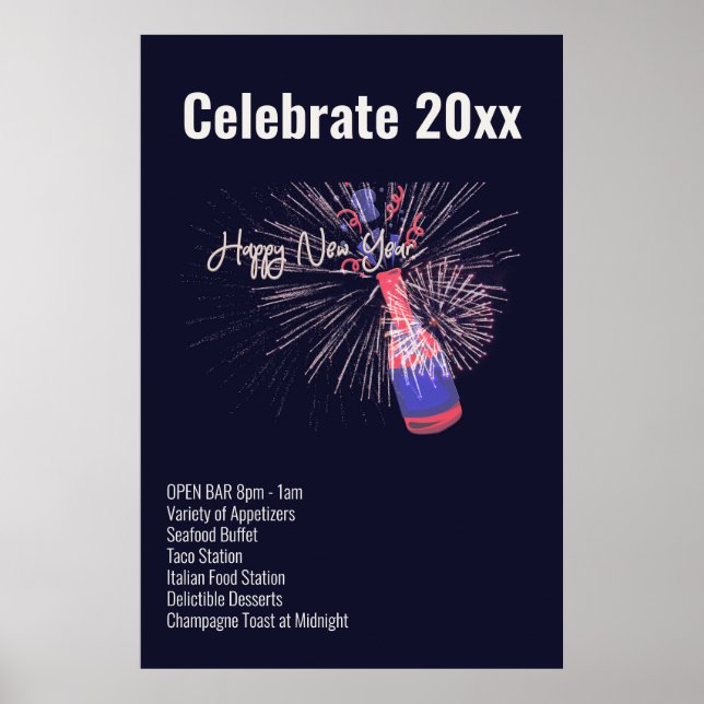 Happy New Year Firework Champagne Celebration Menu Poster (Front)