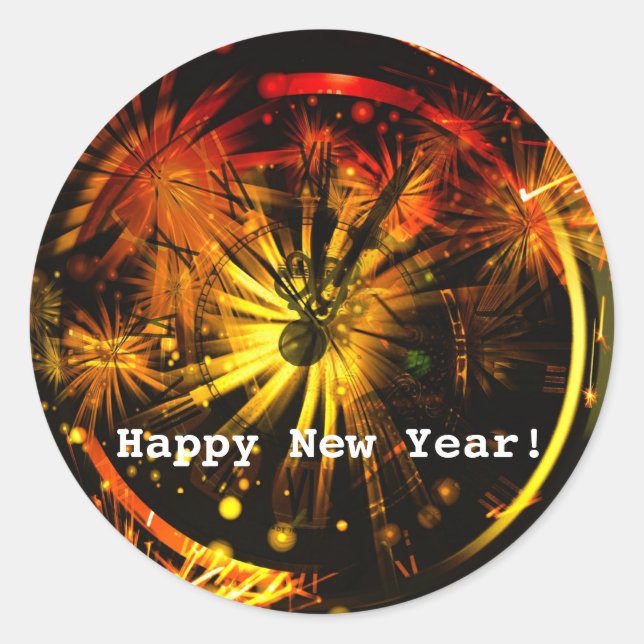 Happy New Year! Fireworks and Clock  Classic Round Sticker (Front)