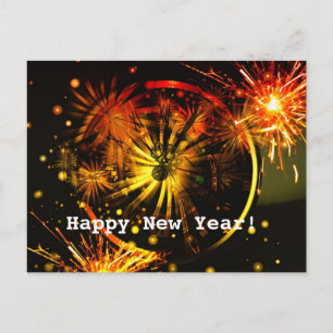 Happy New Year! Fireworks and Clock Postcard