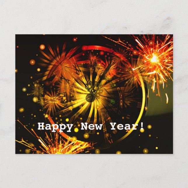 Happy New Year! Fireworks and Clock Postcard (Front)