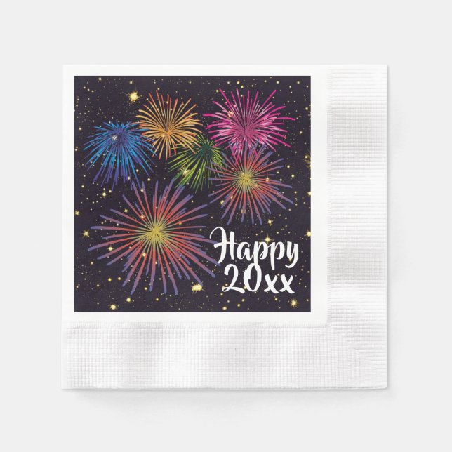 Happy New Year Fireworks and Stars Party Napkin (Front)