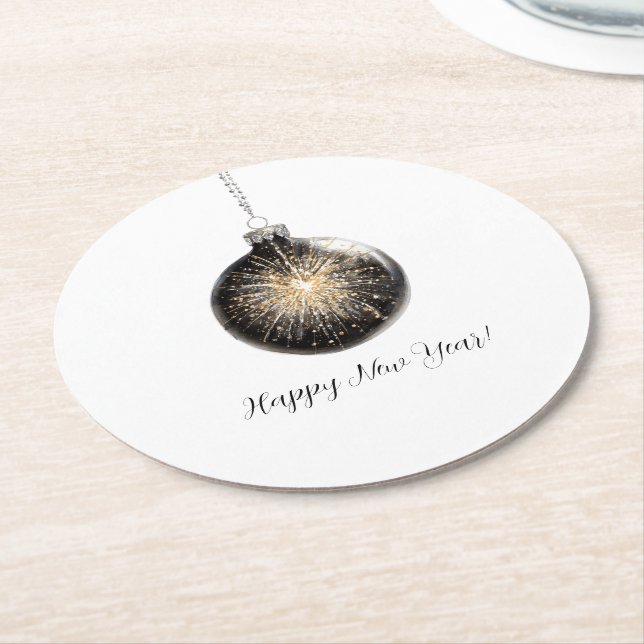 Happy New Year Fireworks Ball Round Paper Coaster (Angled)