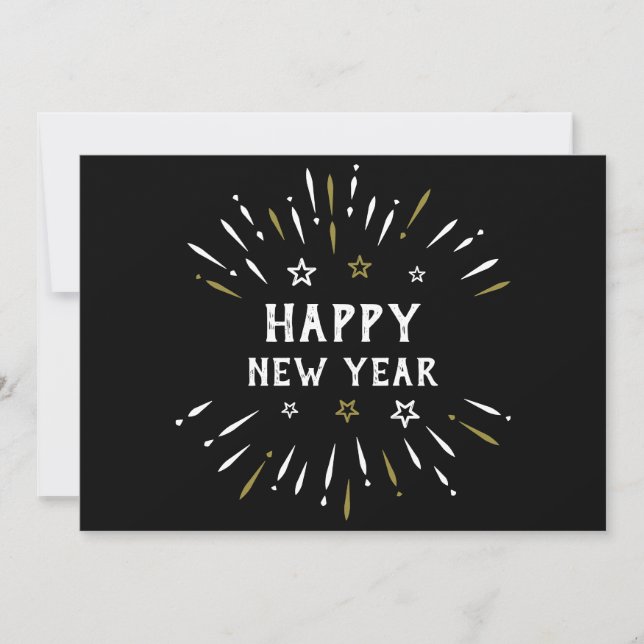 Happy New Year Fireworks Black White Gold Stars Holiday Card (Front)