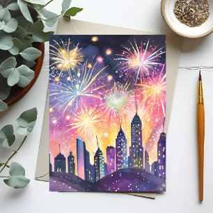 Happy New Year Fireworks City Night Watercolor Postcard